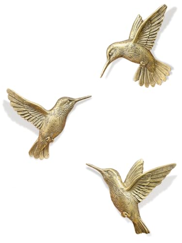 GUSFREUD 3D Hummingbird Wall Decor Set - Brass Resin Bird Wall Decor for Living Room, Bedroom and Gallery Walls - Vintage Gold - Set of 3 - color: Vintage Gold