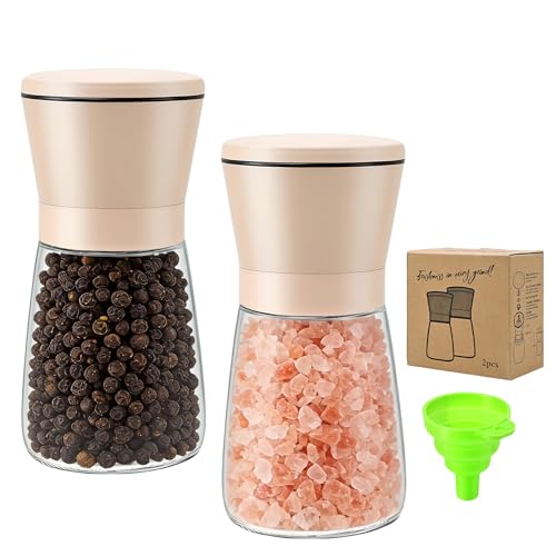 R DRURLCD 2PK Beige Salt and Pepper Grinder Set, Short Glass Shakers with Stainless Steel & Glass Mills, Adjustable Coarseness for Kitchen, Dining & BBQ W/Funnel - color: Beige, size: 2PK