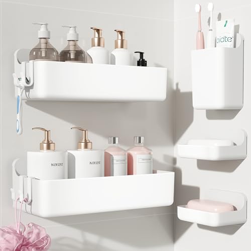 Nieifi Adhesive Shower Shelves, White, 5 Pieces | Rustproof ABS, Large Capacity, Removable Design, Easy-Clean, No Drilling Shower Organizer for Bathroom Storage & Home Decor - color: White, size: 5 pieces