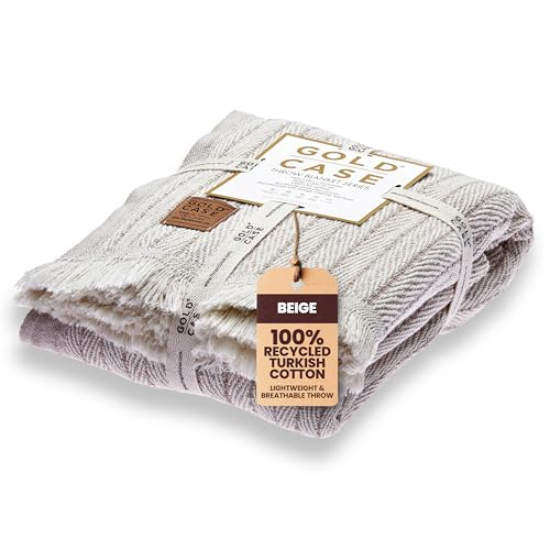 GOLD CASE Throw Blanket for Couch - 100% Recycled Turkish Cotton Blankets & Throws - Vintage Soft Throw Blankets for Living Room - Boho Decorative Woven Couch Blanket - 60x80 - Beige - color: Vintage Beige, size: 60x80"
