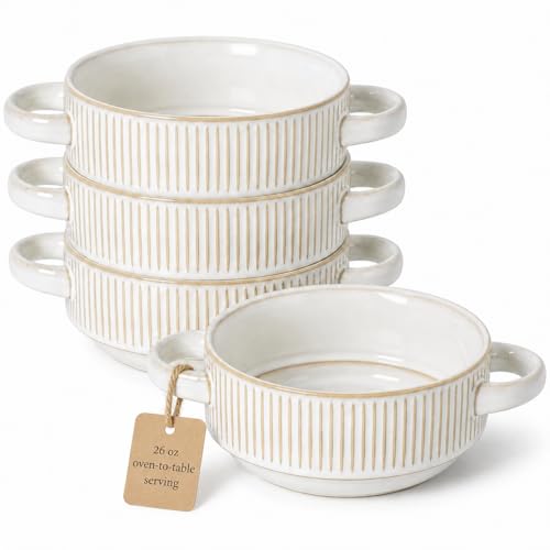 French Onion Soup Bowls with Handles, 26 oz Oven Safe Ceramic Soup Crocks Set of 4, Large Soup Bowls for Chili, Beef Stew, Gumbo, Microwave & Dishwasher Safe