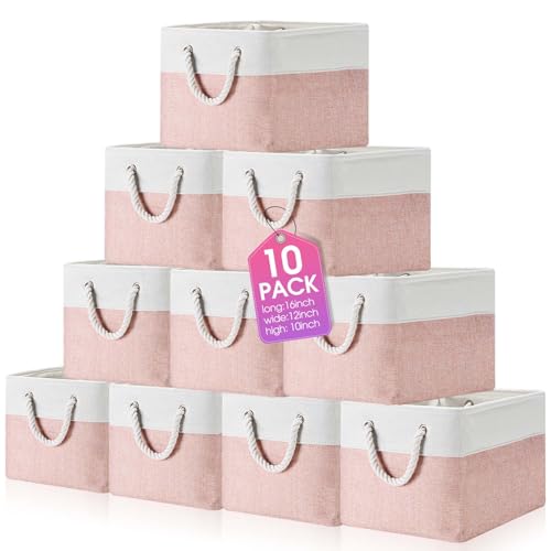 FoldTier 10 Pack Large Collapsible Fabric Storage Baskets with Handles Decorative Storage Bins for Organizing Shelves Toys Clothes (Pink & White,16 x 12 x 10 Inches) - color: pink and white, size: 16 x 12 x 10 inches