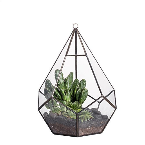 NCYP Hanging Glass Geometric Terrarium for Succulent - 6.8" x 6.8" x 8.6" Indoor Teardrop Shape Plants Planter, Tabletop Decorative Centerpiece, Black Container, Opening, Handmade (No Plants) - color: Black