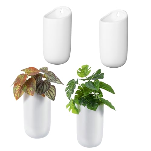MyGift Set of 4 Matte White Ceramic Wall Planters, 6 Inch Hanging Pots | Create a vertical garden display with stylish wall planters perfect for succulents, herbs, and trailing greenery in any space - color: Matte White (6 Inch)