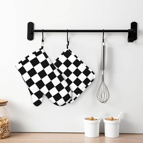 Black White Check Plaid Oven Mitts and Pot Holders Sets Silicone Black and White Checkered Plaid Kitchen Mitts Potholders Heat Resistant 4Pcs Oven Gloves Hot Pads for Cooking Grilling - color: Black White Buffalo Plaid