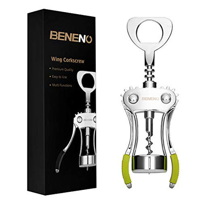 Beneno Wine Opener, Premium Wing Corkscrew Wine Bottle Opener, Green | Durable Solid Zinc Alloy Body, Precise Sharp-Edged Screw, Ergonomic Non-Slip Grip Wing Handle, Multifunctional Bottle Openers - color: Green