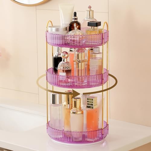 Aveniee Rotating Makeup Organizer for Vanity, Perfume Skincare Organizerss Large, Spinning Bathroom Counter Shelf Holder for Cosmetics, Skin Care, Lipsticks,3 Tiers, Purple - color: Crystal Purple, size: Standard-3 Tier