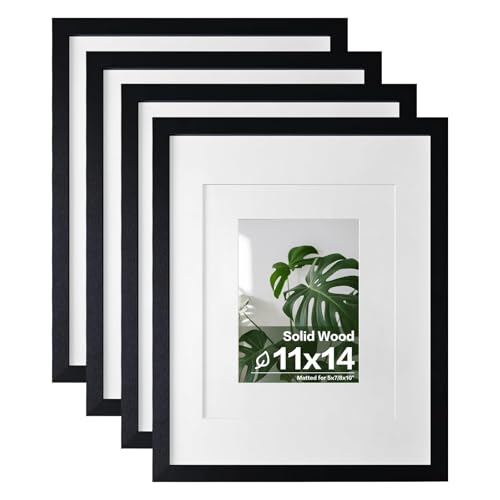 Egofine 11x14 Picture Frames 4PCS Covered by Plexiglass, Made of Solid Wood, Display Pictures 8x10/5x7 with Mat or 11x14 Without Mat for Table Top and Wall Mounting, Black with Texture - color: Black with Texture, size: 11x14