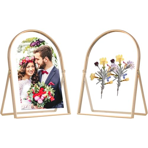 Gold 5x7'' Arched Floating Frame Set of 2,For Photo Sizes (3.5x5'',4x6''),Beautiful Pressed Flower Metal Beaded Arched Frames & Tempered Real Glass,for Tabletop/Shelf Decor - color: Gold, size: 5x7'' (2PK) Arch