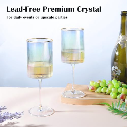 Joeyan Iridescent Gold Rim Ribbed Wine Glasses Set of 2, 17oz Square Hand Blown Crystal Red White Wine Glasses, Rainbow Stemmed Drinking Glass Goblet, Gift for Birthday Wedding Anniversary Christmas - color: Iridescent wine glasses