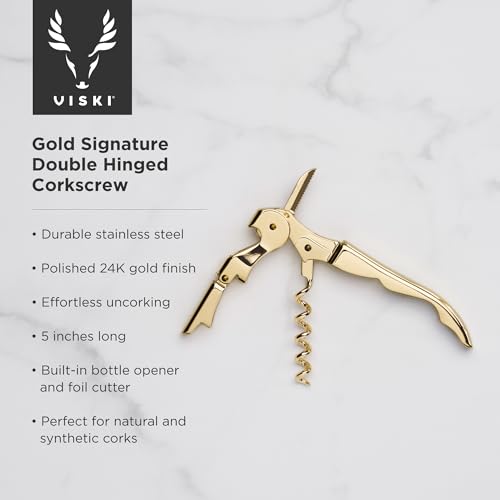 Viski 24k Gold Plated Signature Double Hinged Waiter's Corkscrew Wine Opener, Stainless Steel with Built-in Bottle Opener & Foil Cutter for Home Bar, Kitchen, Travel, Gifts for Wine Lovers, Set of 1 - style: Standard
