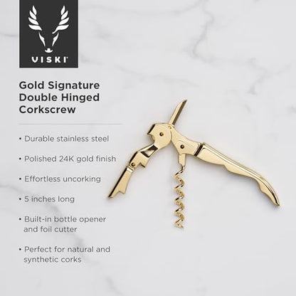 Viski 24k Gold Plated Signature Double Hinged Waiter's Corkscrew Wine Opener, Stainless Steel with Built-in Bottle Opener & Foil Cutter for Home Bar, Kitchen, Travel, Gifts for Wine Lovers, Set of 1 - style: Standard