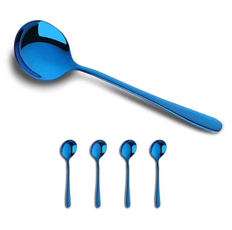 4-Pcs Stainless Steel Round Soup Spoons, 6.88 Inch, Heavy-Weight, Set of 4 - size: 4 pcs Blue