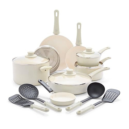GreenLife 16 Piece Ceramic Nonstick Pots & Pans Cookware Set, Cream | PFAS-Free Nonstick Coating, Stockpot, Frying Pans, Saucepans, Sauté Pan, Stay-Cool Handles, Dishwasher & Oven Safe up to 350F - color: Cream, style: Soft Grip
