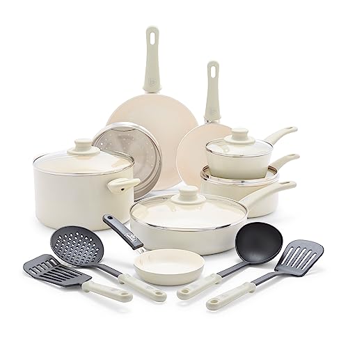 GreenLife 16 Piece Ceramic Nonstick Pots & Pans Cookware Set, Cream | PFAS-Free Nonstick Coating, Stockpot, Frying Pans, Saucepans, Sauté Pan, Stay-Cool Handles, Dishwasher & Oven Safe up to 350F - color: Cream, style: Soft Grip