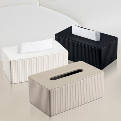 PU Leather Tissue Box Cover Rectangular Tissue Box Holder with Magnetic Bottom, Napkin & Facial Tissue Holder Dispenser for Home, Office for Standard 120-count/160-count (2-Ply) Beige Stripe - color: Beige Stripe