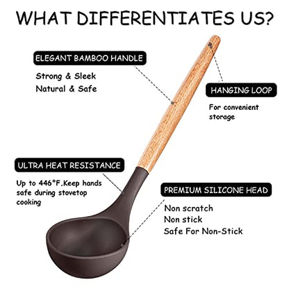 MIBOTE Silicone Cooking Kitchen Utensils Set, Wooden Handle, Coffee | BPA-Free, Non-Toxic Silicone Turner, Tongs, Spatula, Spoon Set – Great for Nonstick Cookware, Heat-Resistant, Easy Clean - color: Coffee