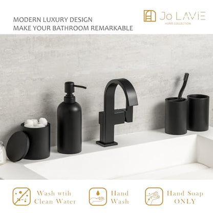 Bathroom Accessory Set - 4 Pcs Matte Black Bathroom Set with Toothbrush Holder, Soap Dispenser, Tumbler & Cotton Swab Jar - Bathroom Vanity Countertop Organizer, Bathroom Decor Sets