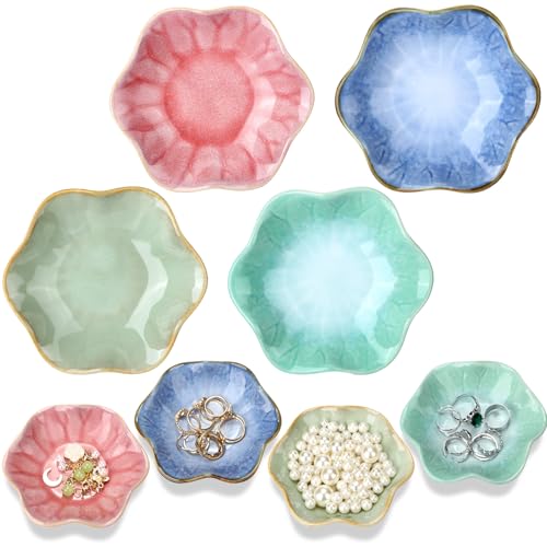 4 Pack Small Jewelry Dish Ceramic Trinket Holder Tray for Rings Earrings Key Bowl Women Mother's Day Wedding Gift (Pink,Blue,Cyan,Green) - color: Pink,Blue,Cyan,Green, style: Ceramic