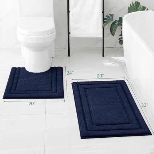 HOMEIDEAS Bathroom Rugs Sets 2 Piece, Super Soft and Absorbent Non Slip Microfiber U-Shaped Toilet Bath Mat Set (20"x32"+U20 x24, Navy Blue) - color: Loop- Navy Blue, size: 1'8" x 2'8" (20"x32"+U Shape 20"x24")