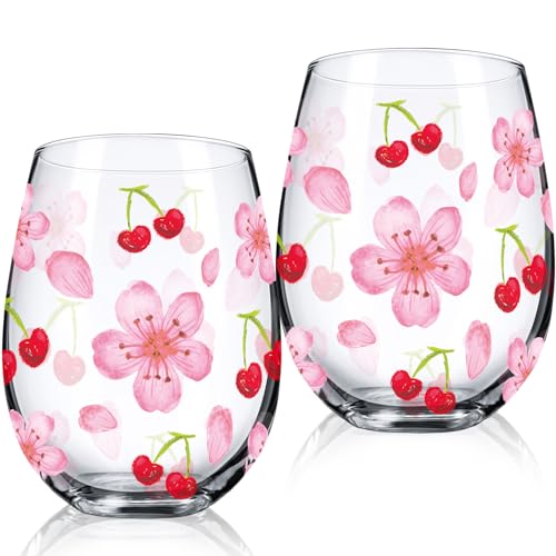 Sliner 2 Pack 17oz Cherry Blossom Stemless Wine Glasses Cherry and Flower Drinking Glasses Floral Tumbler Cups for Women Wedding Birthday Gift Parties Supplies - style: Cherry and Flower