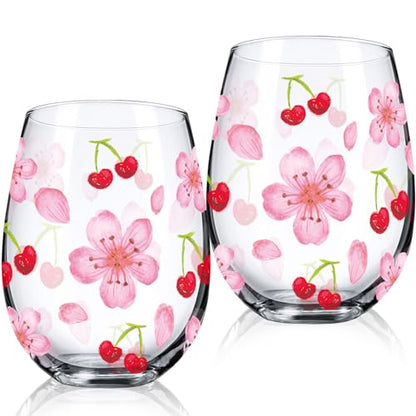 Sliner 2 Pack 17oz Cherry Blossom Stemless Wine Glasses Cherry and Flower Drinking Glasses Floral Tumbler Cups for Women Wedding Birthday Gift Parties Supplies - style: Cherry and Flower