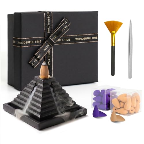 Pyramid Backflow Incense Burner with 40 Cones, Black Handmade Cement Waterfall Incense Cone Holder Gift Set, Lavender & Sandalwood Cones, for Meditation & Home Decor - color: Black