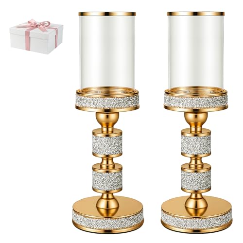 Hurricane Candle Holder, 13.5" Tall Metal Candle Stand, Glass Pillar Holder | Crystal Candle Holders for Table Centerpieces, Home Decor, Wedding, Dining Table - color: Gold, size: Medium