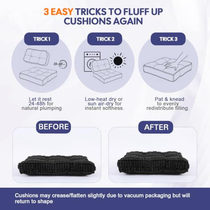 idee-home Recliner Cushions with Lumbar Support Pillow Set for Elderly | 20x20x5 Inch Recliner Seat Cushion Tufted, Large Square Seat Cushion Non-Slip Reduce Hip & Lumbar Pain - color: Black Seat&lumbar