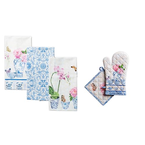 Maison d' Hermine Canton Bundle Set 100% Cotton Set of 3 Kitchen Towels (20 Inch by 27.5 Inch) and Oven Mitt (7.5 Inch by 13 Inch)/Pot Holder (8 Inch by 8 Inch)