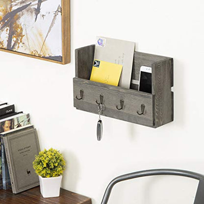 MyGift Rustic Gray Wood Entryway Hanging Mail and Key Holder for Wall, Decorative Letters Bills and Mail Sorter Organizer with 4 Hooks