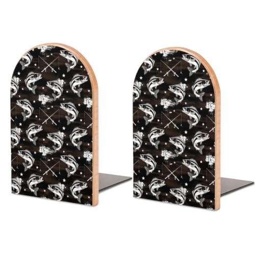 2 Pcs Wood Book Ends for Shelves Metal Base Bookends Holders, American Flag | Fishing Rustic Hunting Camo Bass Fish, Decorative Book Stopper, Heavy Duty and Non-Skid, Support for Magazines, Books, DVDs - color: Style(623)