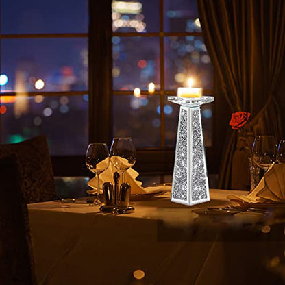 Wocred 2 Piece Candlestick Holders for Holding Pillar Candles, Crystal Crushed Diamond Candle Holders Set Decor for Dinning Room, Silver Glass Votive Candle Holders for Table Centerpiece(12”) - size: 12 Inch Diamond Silver