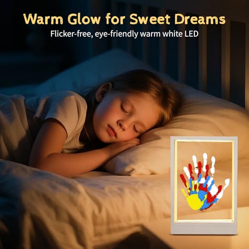 CHERRY CHEERS Family Handprint Kit with Light, Handprint Keepsake Frame, Wooden Led Light, Easy Install, No Need Screw etc, Non-Toxic Paints (White) - color: White
