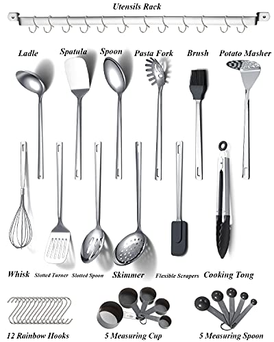 Stainless Steel Cooking Utensils Set,Kyraton 37 Pieces Kitchen Utensils Set, Kitchen Tool Gadgets Set with Utensil Holder Non-Stick and Heat Resistant Dishwasher Safe - color: 1.37 piece silver set