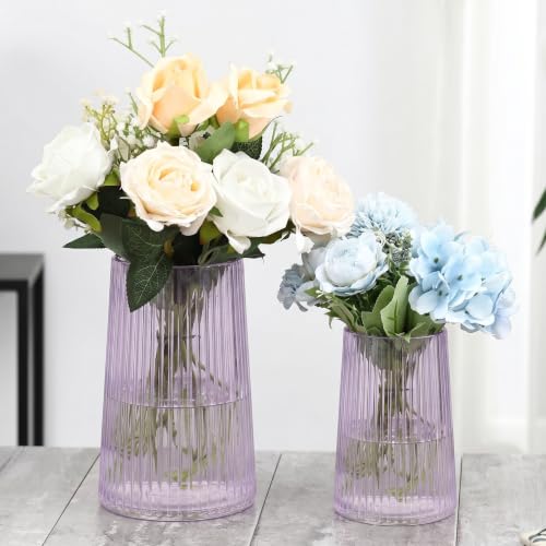 Ribbed Flower Vases Set of 2, Purple Vases for Flowers, Flower Vase for Bouquet, Modern Ribbed Glass Vase for Living Room, Bedroom, Dining Table, Office, Wedding, Centerpieces - color: Purple, size: Large+Medium
