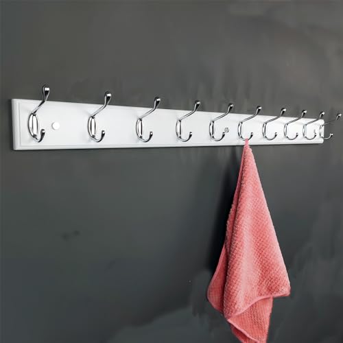 37 Inch Long Wooden Wall Mounted Coat Rack with 10 Silver Chrome Hooks for Entryway and Bedroom to Hang Coats, Hats - Heavy Duty Hooks School Bag - size: Long-37.4in(95cm),10 Silver Hooks, style: Modern