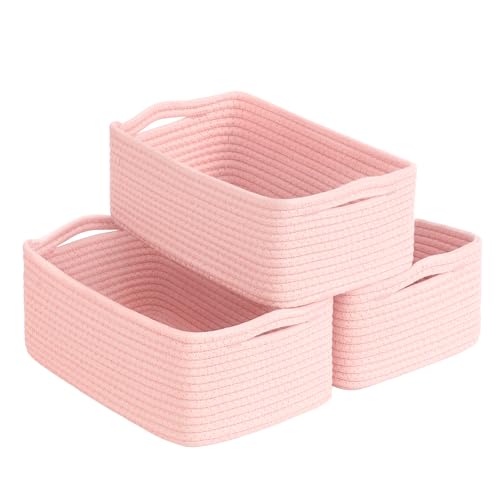 Goodpick 3-Pack Small Storage Baskets, Dorm Decor, 11 x 7 x 4.5 in | Woven Baskets for Shelves, Closet Organizer Bins,Empty Baskets for Gifts, Woven Basket for Play Room, Pink - color: Pink, size: Small (11"L x 7"W x 4.5"H)