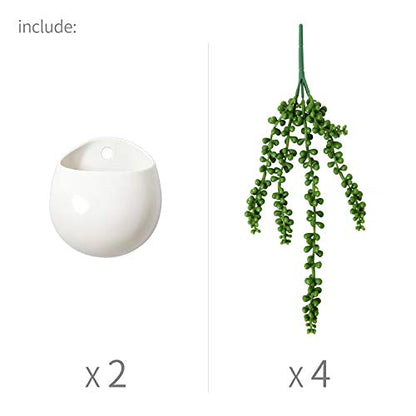 Dahey Small Wall Planters, 2 Pack Ceramic Holder with Artificial Succulents | No Watering Easy Care, Wall Mounted Plant Pot, Fits Real Succulents, PVC String of Pearls, No Drainage Holes, Indoor Decor