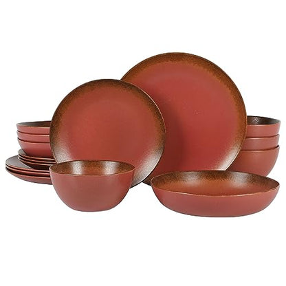 Two Time Oprah's Favorite Things Winner - Palermo Sun Double Bowl Stoneware Reactive Glaze Plates and Bowls Dinnerware Set - Paprika Red, Service for Four (16pcs) - color: Paprika Red