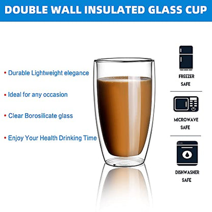 CNGLASS Double Wall Thermo Glass Cup 13.5 oz,Insulated Glass Coffee Set of 2 - color: 13.5oz(2-pack)