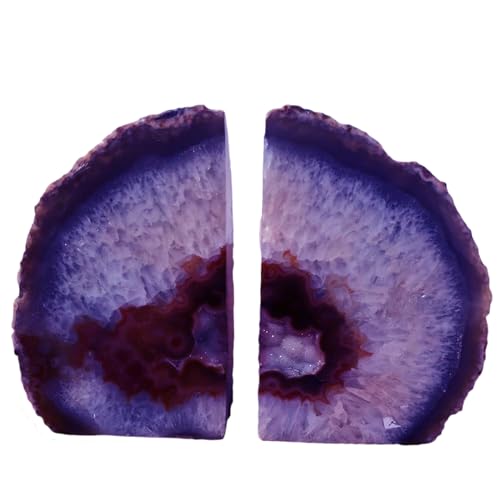 JIC Gem Purple Agate Geode Bookends Heavy Duty Crystal Stone Book Holders | Dyed Polished Crystal Book Stoppers for Shelves,Decorative Holders with Non-Skid Rubber Bumpers for Decor,1 Pair, 4-6 Lbs - color: Purple Dyed, size: 4-6LBS.