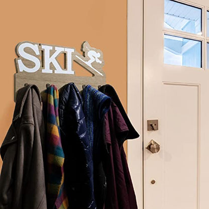 EXCELLO GLOBAL PRODUCTS Rustic Ski Wall Mounted Hanging Entryway Organizer with 4 Hooks. 17" x 10" Use as hat Organizer, Key Holder, Glove Holder. Perfect for Entryway, Kitchen, Bathroom, Hallway - style: SKI