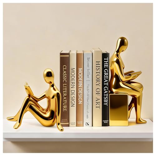 Decorative Bookends Set, Ceramic Book Ends for Shelves, Home Office Aesthetic Book Stopper, Reading Book Holder Statues for Bookshelf Bedroom Living Room Decor (Gold)