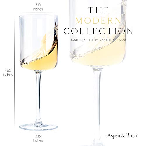 Aspen & Birch - Modern Wine Glasses Set of 4 - Red or White Wine Glasses, Premium Crystal Stemware, Long Stem, 15 oz, Hand Blown Artisan Glass