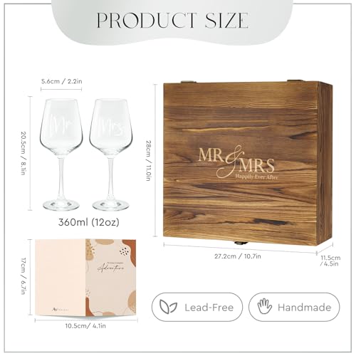 AW BRIDAL Mr and Mrs Wine Glasses, Bridal Shower Wedding Gifts for Couples | Engagement Gift for Newlyweds 2026, Bachelorette Gifts for Bride to Be, Wedding Glass with Opener Stopper Wooden Keepsake Box - style: Mr & Mrs