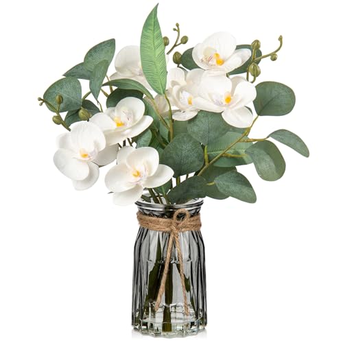 White Orchids Artificial Flowers with Vase Fake Flower in Vase Artificial Eucalyptus Stems in Glass Vases with Faux Water Faux Orchid with Eucalyptus Leaves Arrangement for Dining Table Centerpiece - color: White & Black Vase