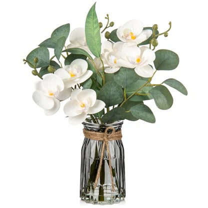 White Orchids Artificial Flowers with Vase Fake Flower in Vase Artificial Eucalyptus Stems in Glass Vases with Faux Water Faux Orchid with Eucalyptus Leaves Arrangement for Dining Table Centerpiece - color: White & Black Vase