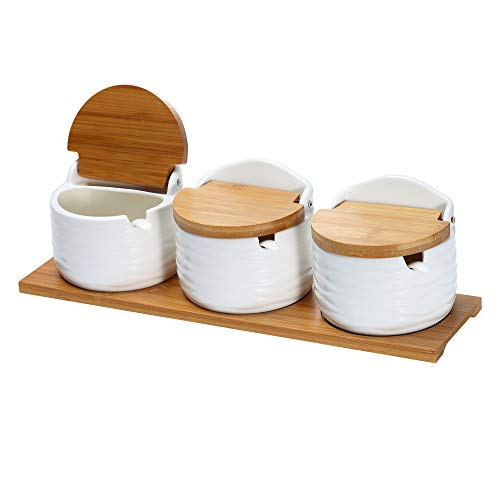 Ceramic Sugar Bowl with Bamboo Lids and Spoons Serving Tray, Porcelain Sugar Container for Sugar Tea Coffee Spice,Salt Condiment with Chalkboard Labels for Home Kitchen ,9.1 fl oz 270 ML,3PCS - color: C-001-3