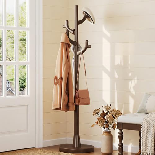 Uniclinens Coat Rack Freestanding Solid Wood Coat Tree Standing with 4 Hooks, Coat Rack Stand Creative Tree Branch-look (Dark Walnut) - color: Dark Walnut, size: Coat Tree
